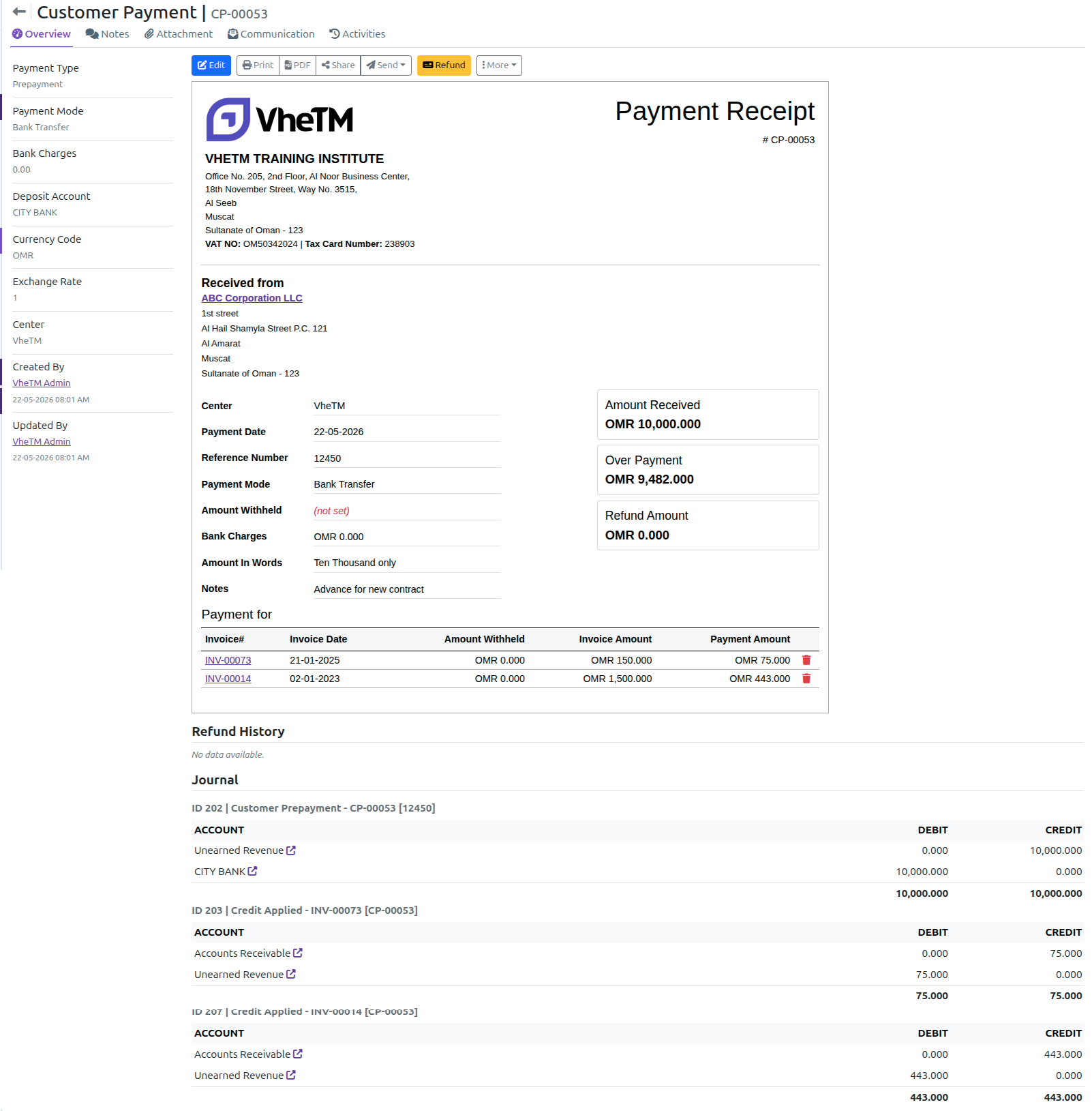 VheTM Payment Receipt detail showing customer name, payment mode, amount received, and linked general ledger journal entries