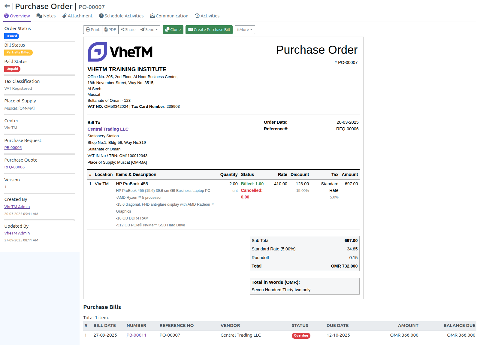 VheTM Purchase Order details showing supplier information, line item descriptions, unit rates, taxes, and authorization signatures