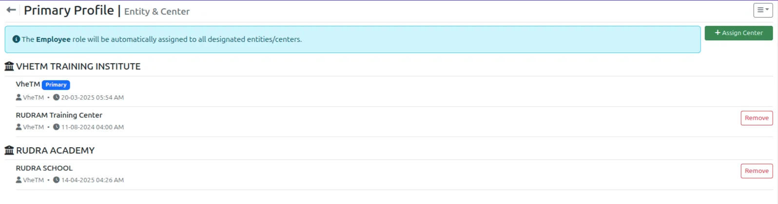 VheTM Multi-Entity and Center Assignment