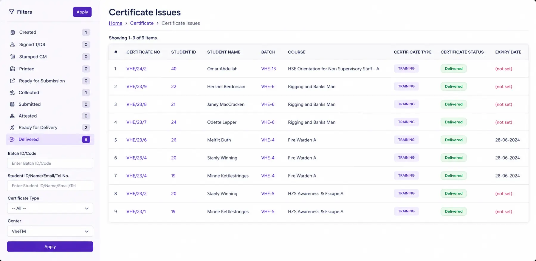VheTM certificate management — certificate issue tracking with certificate numbers, batch, course, status, and expiry