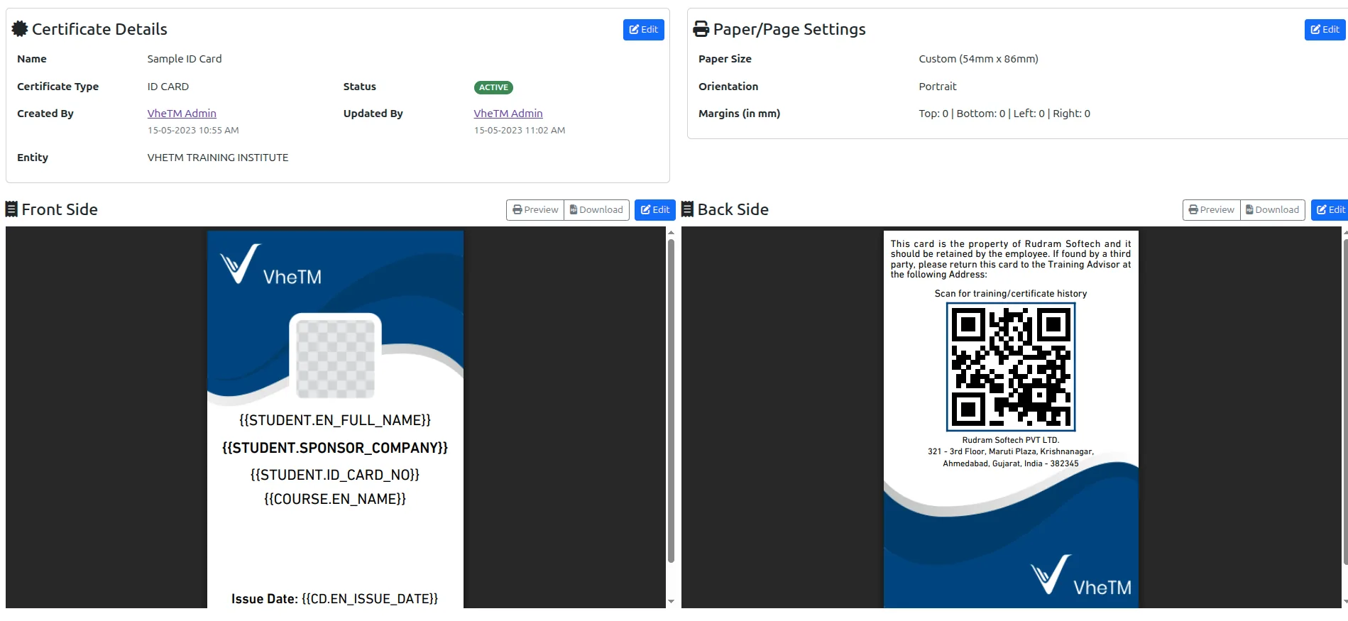 VheTM Certificate Template with QR Code