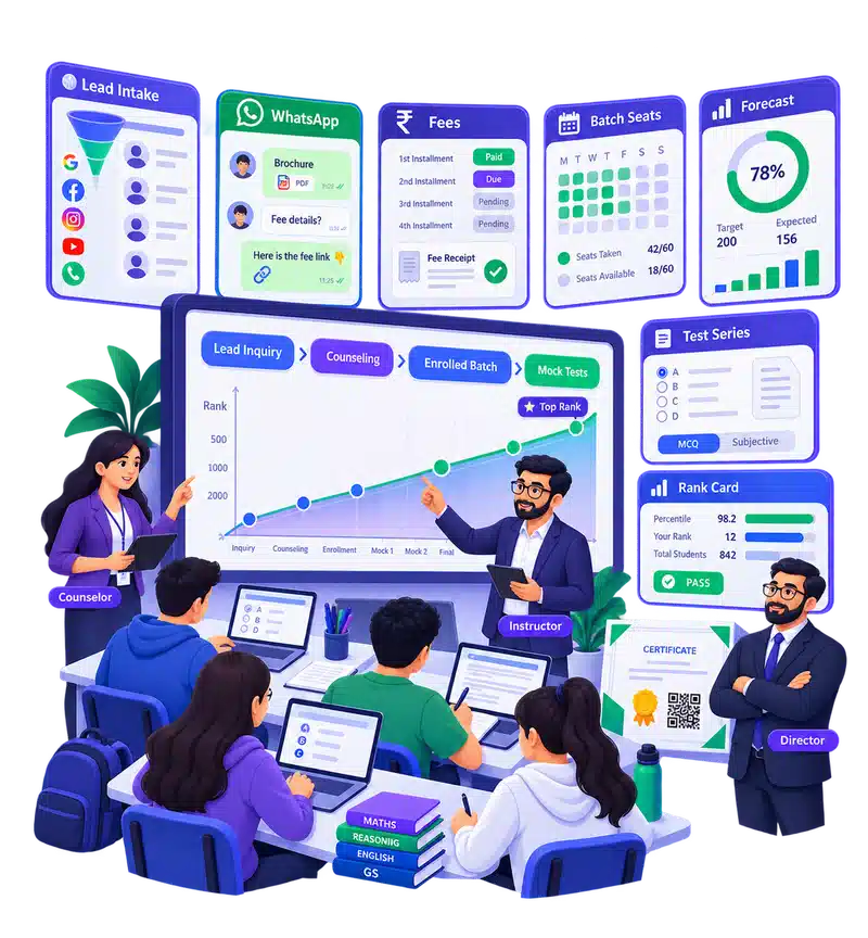 Commercial coaching ERP showing lead intake, WhatsApp counseling, fees, batch seats, test series rankings, forecasting, and QR certificates