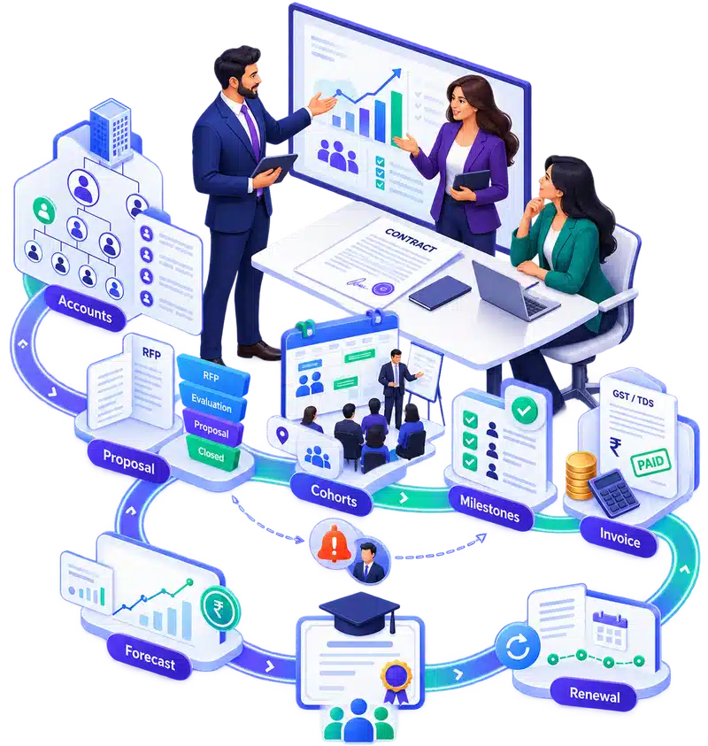 Corporate B2B consulting ERP showing accounts, proposals, cohorts, milestone invoices, forecasting, and renewals