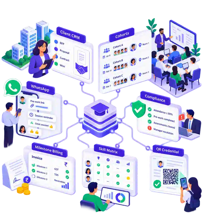 Corporate training ERP ecosystem showing client CRM, cohorts, compliance, billing, skill matrices, and QR credentials