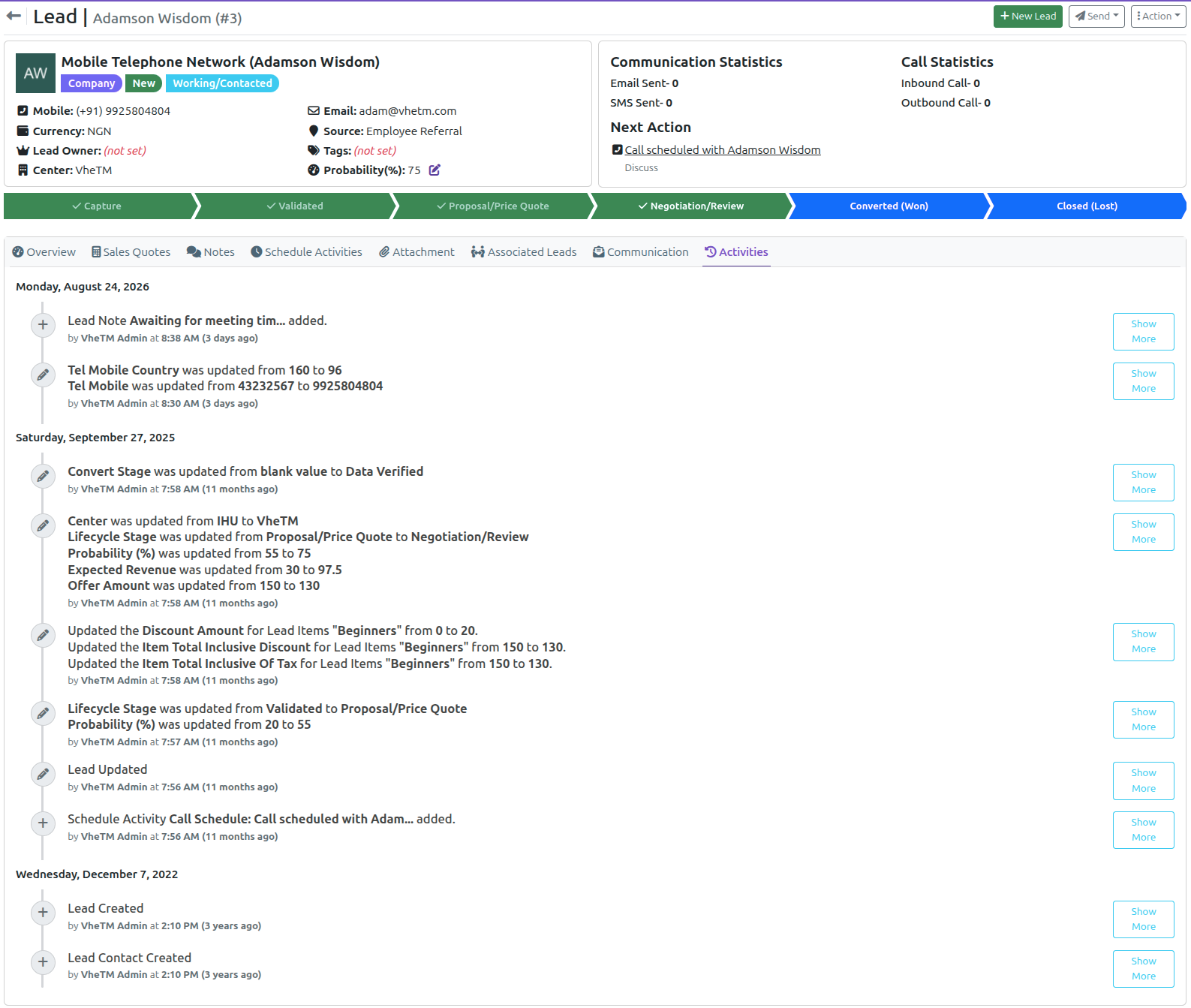 VheTM CRM Activity Timeline showing scheduled counseling calls, notes, campus demo logs, and interaction audit trails