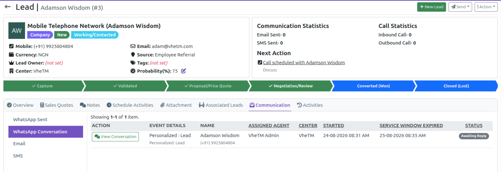 VheTM CRM Communication Tracking showing multi-channel WhatsApp, email, and SMS delivery logs, templates, and student engagement audit trails