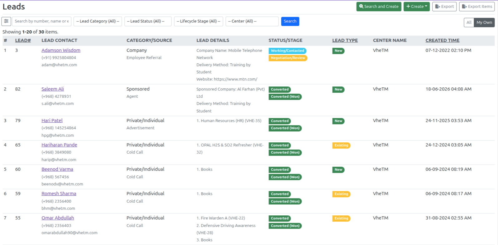 VheTM Admissions CRM Lead Directory showing candidate names, interested courses, lead owners, status stages, and center filters