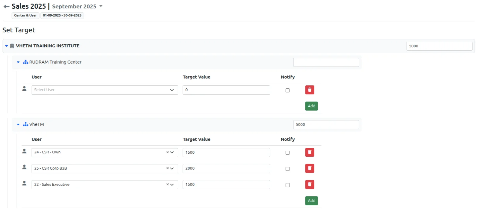 VheTM Target Setup Interface allowing administrators to allocate monthly and quarterly revenue quotas by branch center and sales counselor