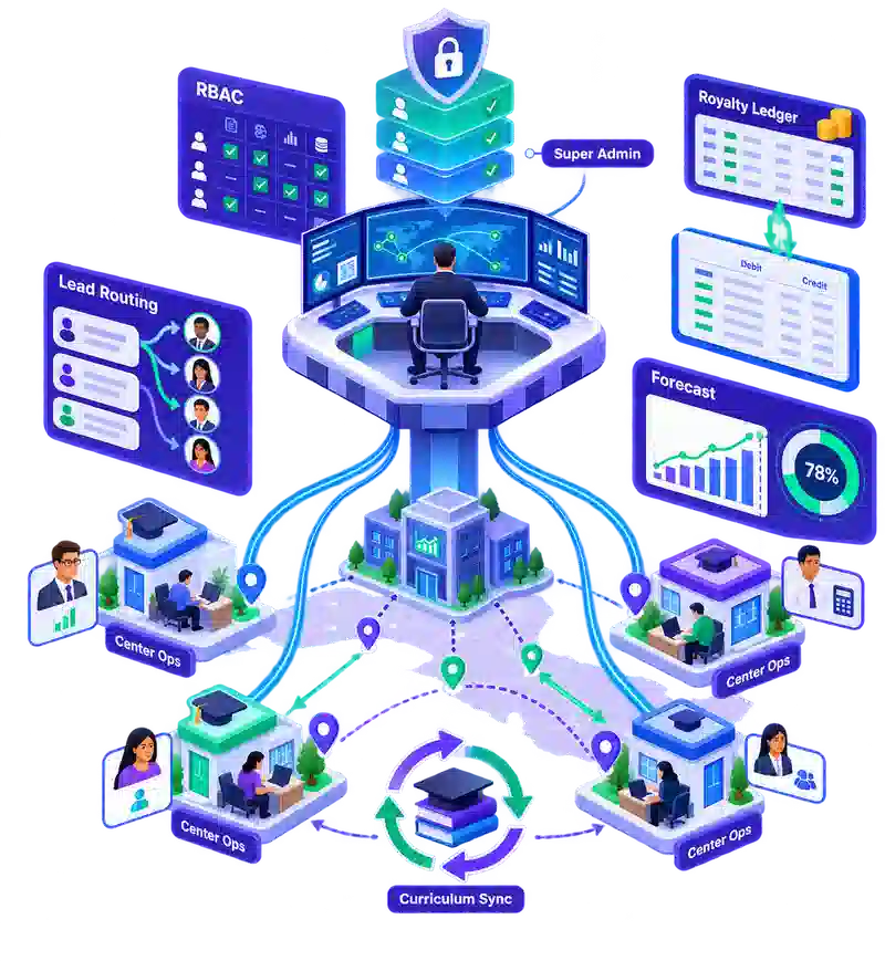 Franchise skills network ERP showing RBAC governance, lead routing, royalty ledgers, branch forecasting, and curriculum operations