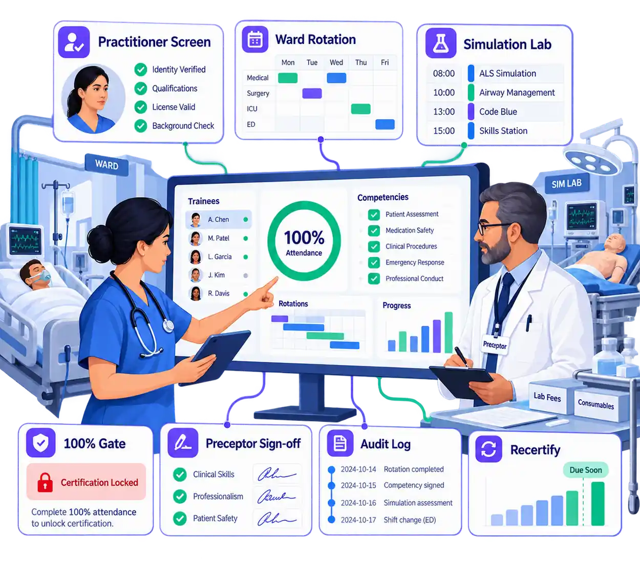 Healthcare clinical training operations: rotations, attendance gating, preceptor sign-off and audit records
