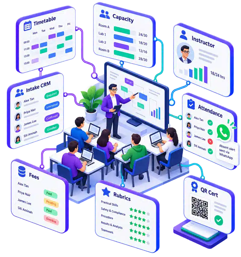 Instructor-led training operations showing timetables, classroom capacity, instructor workloads, attendance, fees, rubrics, and QR certificates