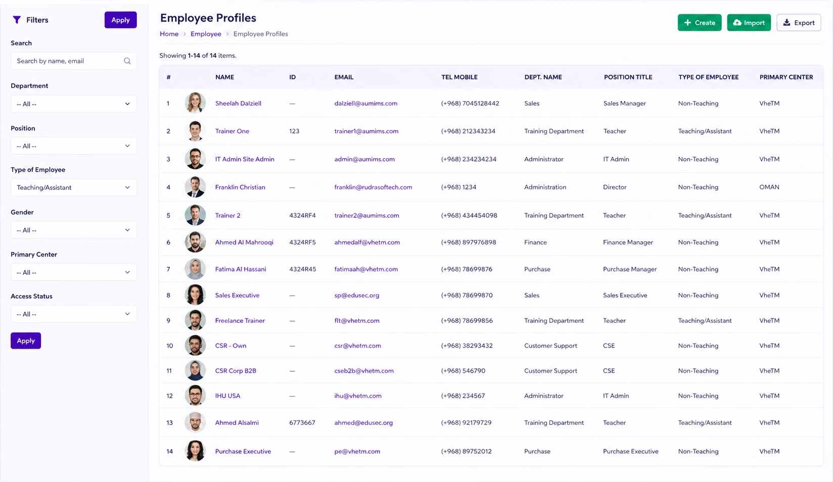 VheTM Instructor and Employee Directory showing faculty filters, center locations, and active teaching assignments