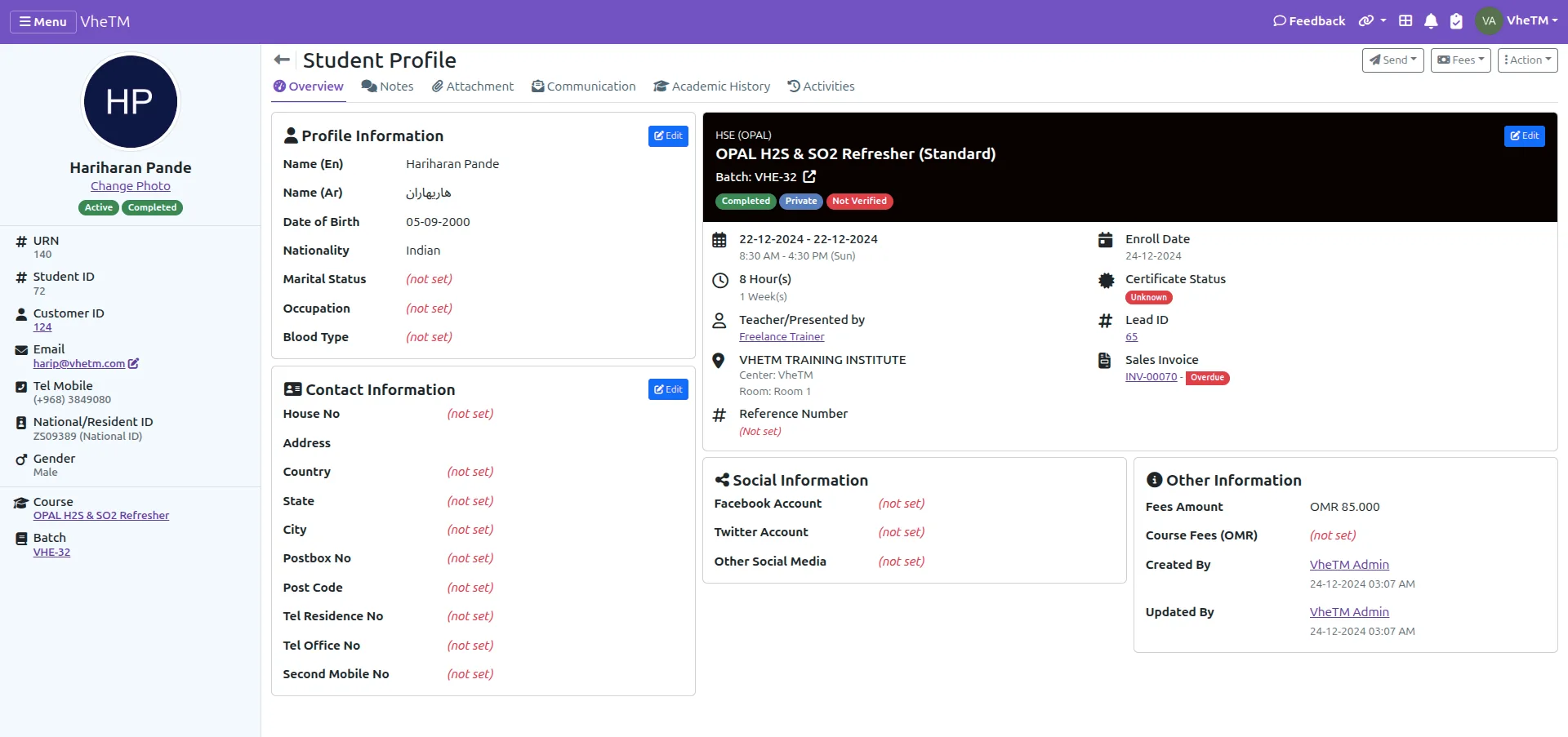 VheTM Student Profile Management view showing academic history, guardian contacts, and attendance summaries