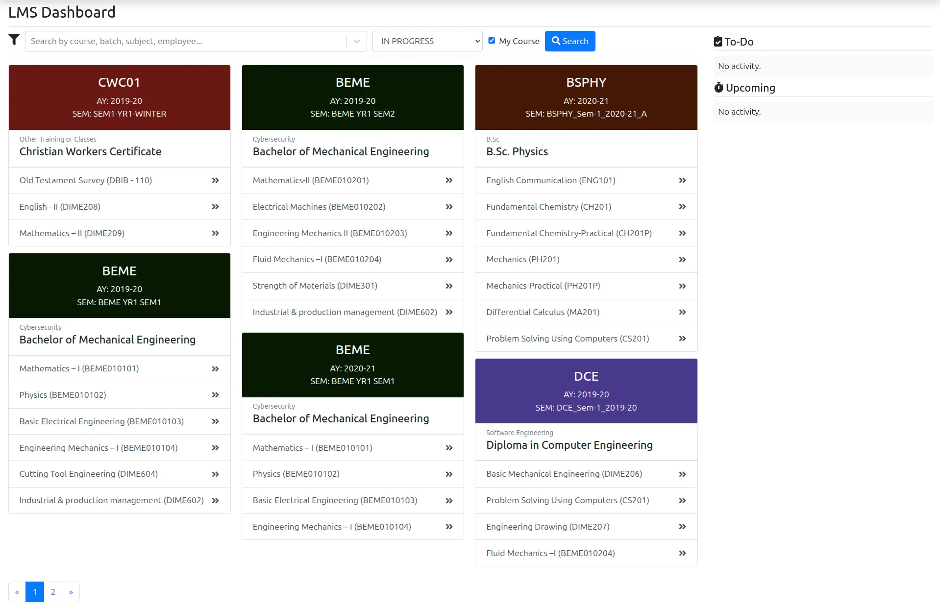 VheTM LMS Dashboard with Hybrid Learning Courses, Assignments and Conference Links