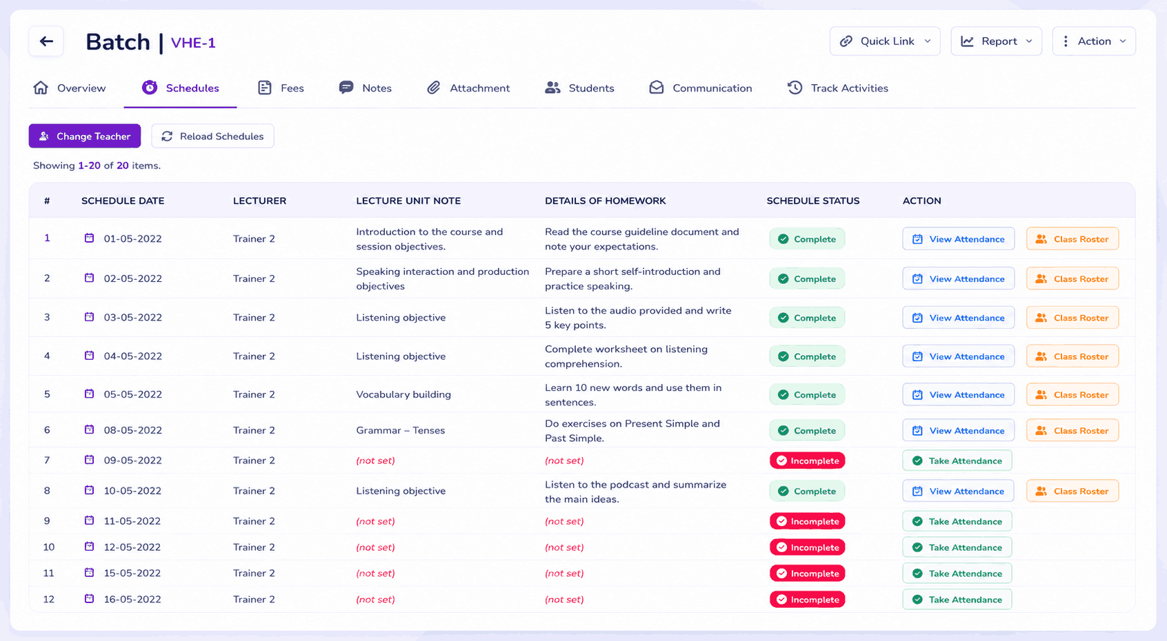 VheTM Batch Scheduling Screen showing session dates, instructor assignments, and attendance buttons
