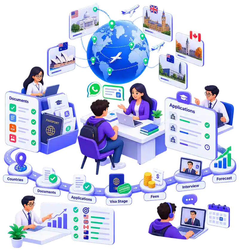 Study abroad consultancy ERP showing country applications, document vaults, visa stages, fees, interviews, and counselor forecasting