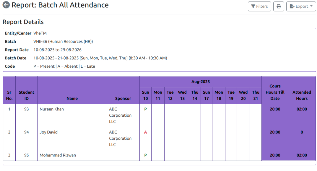 VheTM Attendance & Examination Qualification Report