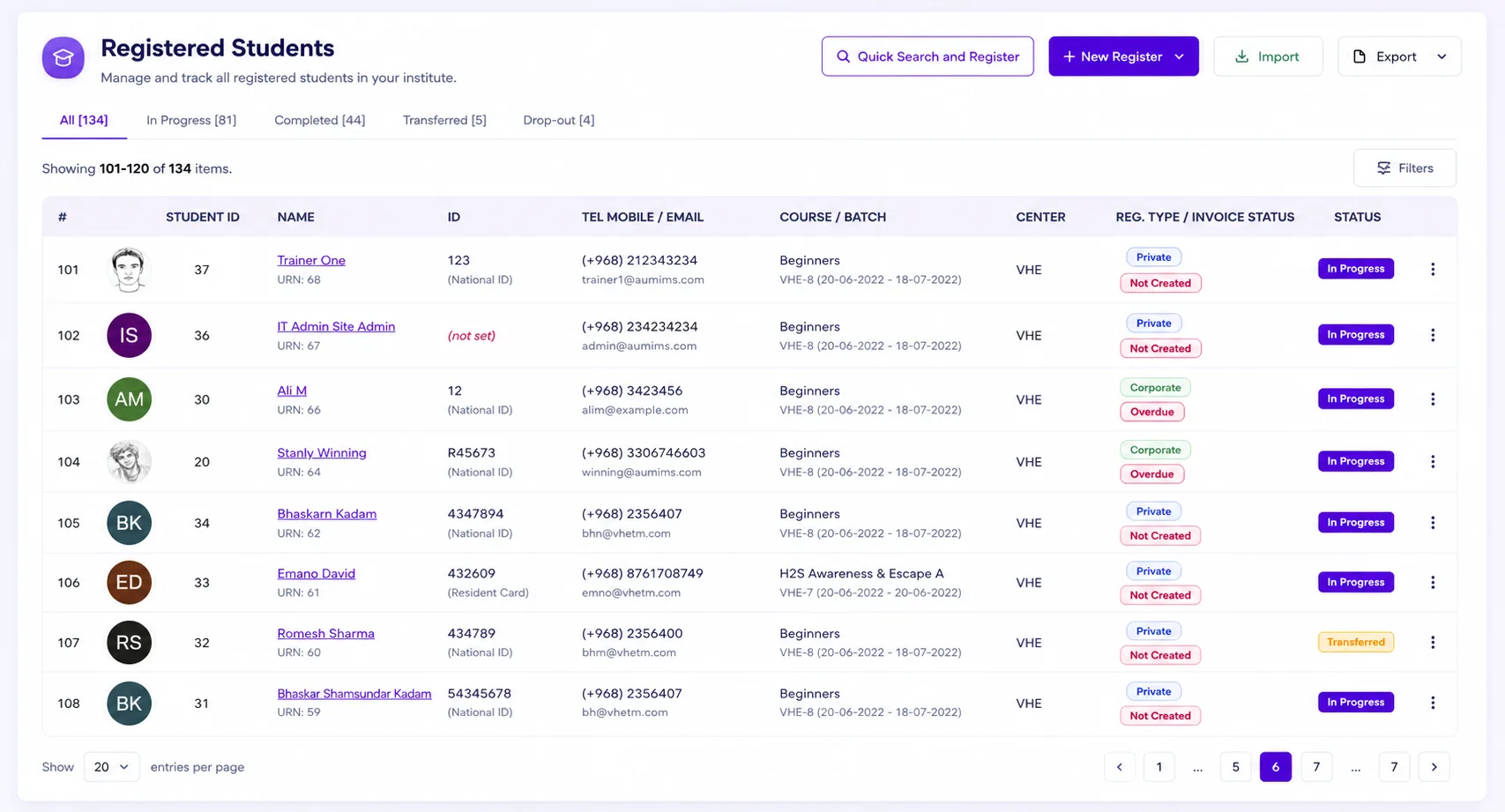 VheTM Training Operations & Batch Dashboard Overview