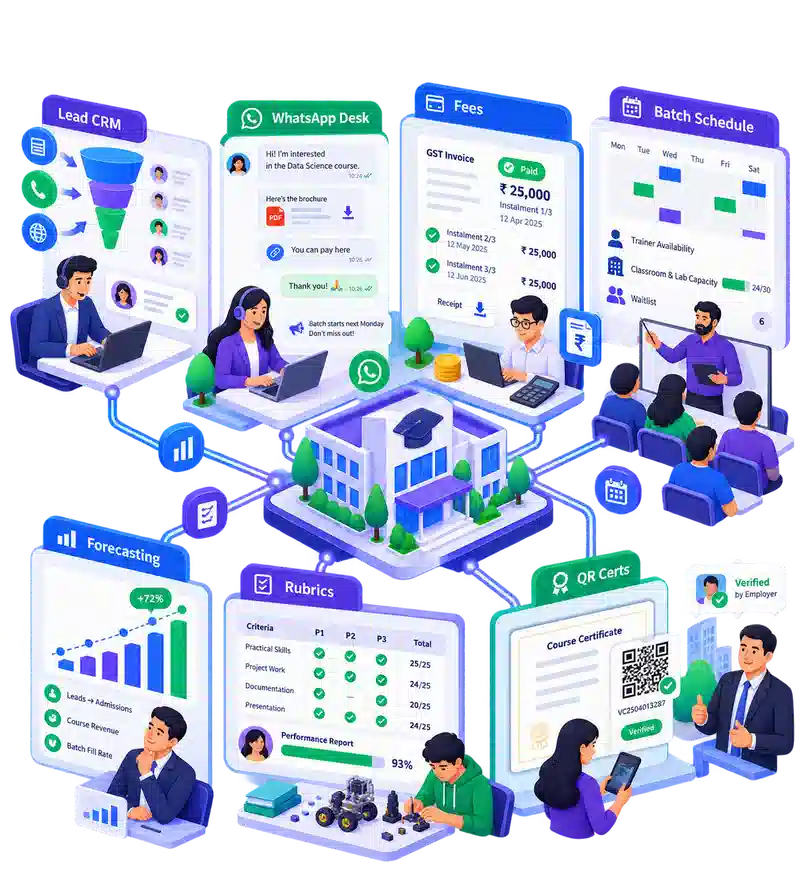 Training provider ERP ecosystem showing lead CRM, WhatsApp counseling, fees, batch scheduling, evaluations, forecasting, and QR certificates