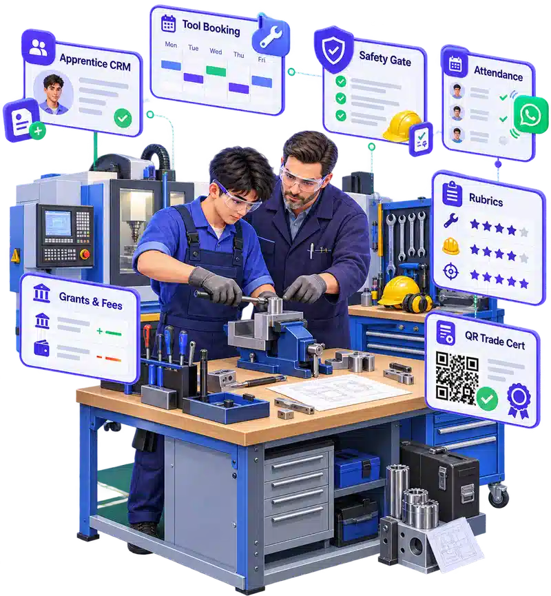 Vocational academy ERP showing workshop tools, safety gating, attendance, rubrics, grants, fees, and QR trade certificates