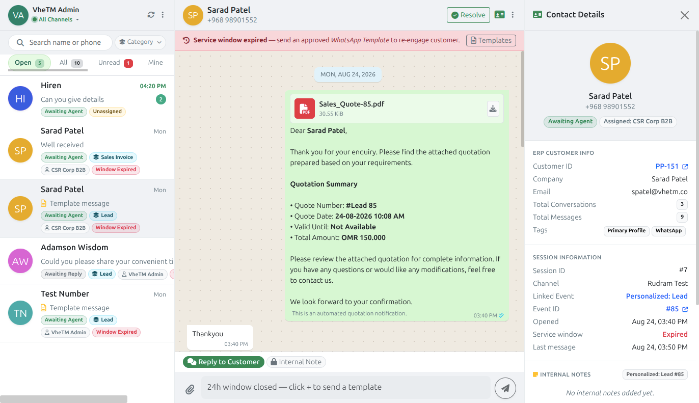 VheTM WhatsApp Agent Desk Console with active chat threads, dynamic templates, and quick replies