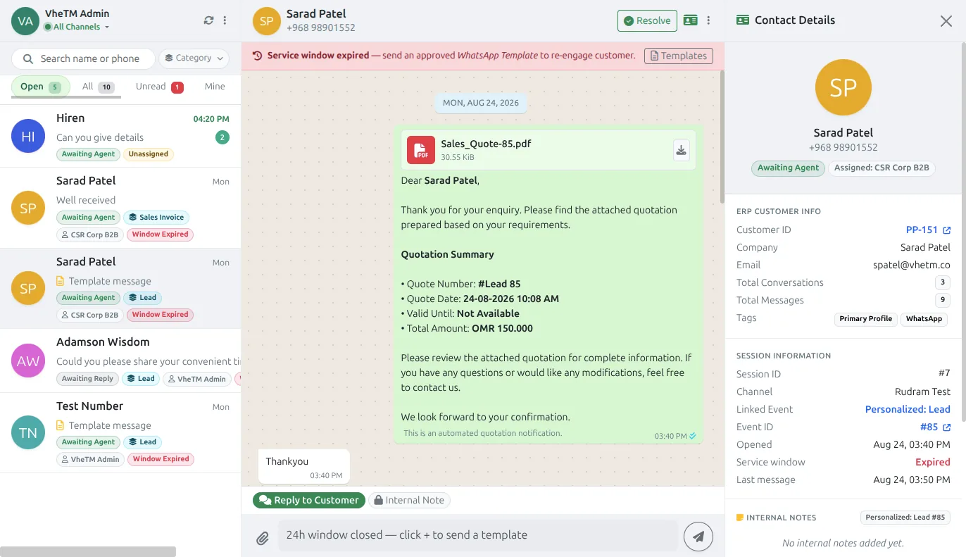 VheTM WhatsApp Agent Desk Console with active trainee conversation threads, quick replies, dynamic media templates, and lead association
