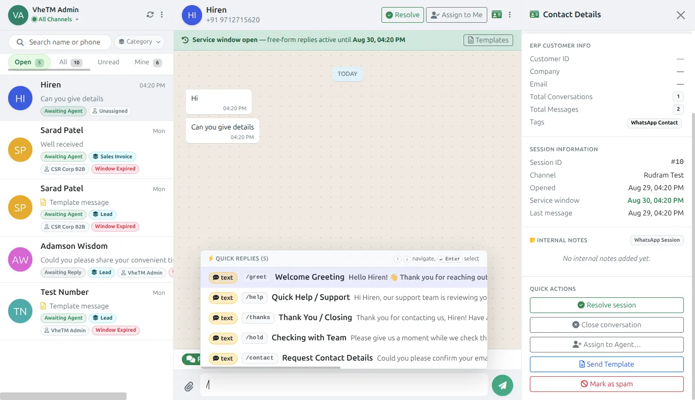 VheTM WhatsApp Quick Reply Templates