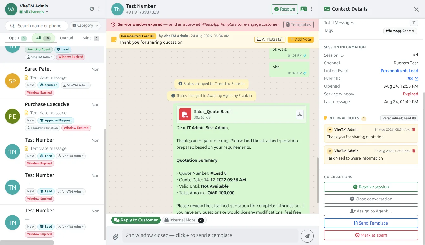 VheTM WhatsApp Agent Desk showing multi-agent chat interface connected directly to ERP student and lead records