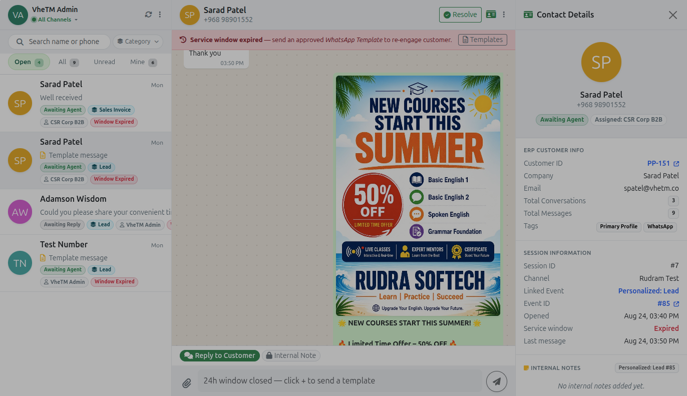 Customer service window expiration view with remaining time indicator and template guidance