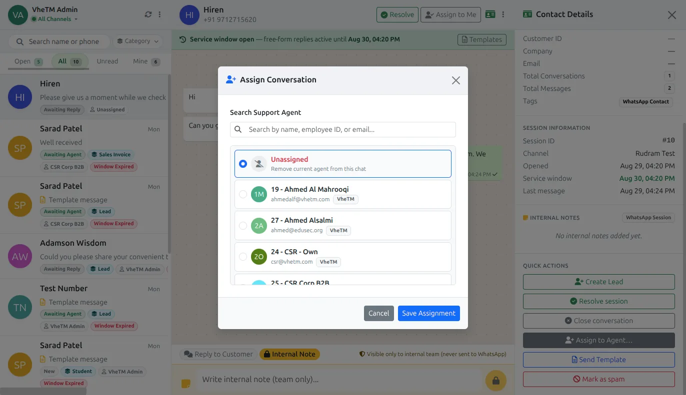 VheTM WhatsApp Agent Desk