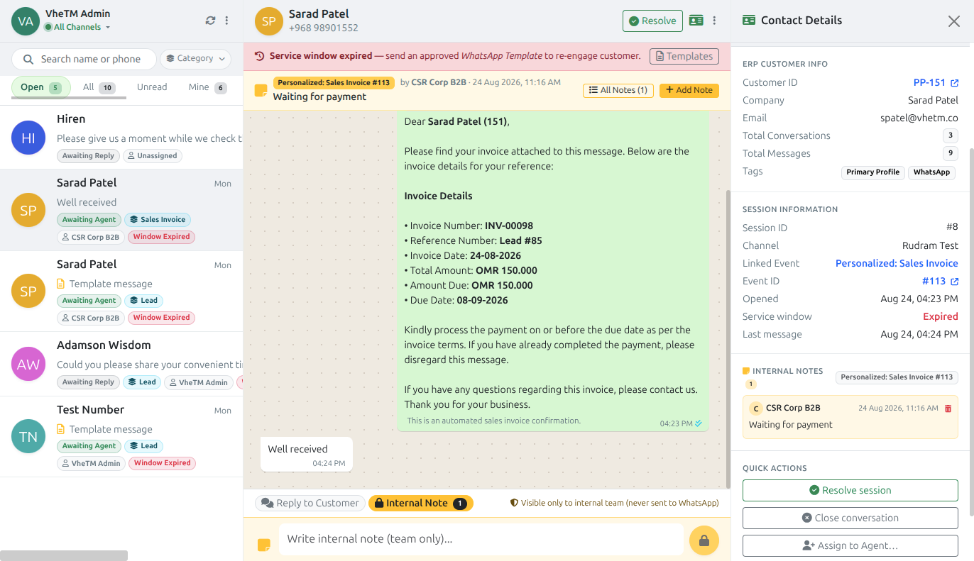 Internal team notes highlighted in yellow within the WhatsApp Agent Desk conversation stream